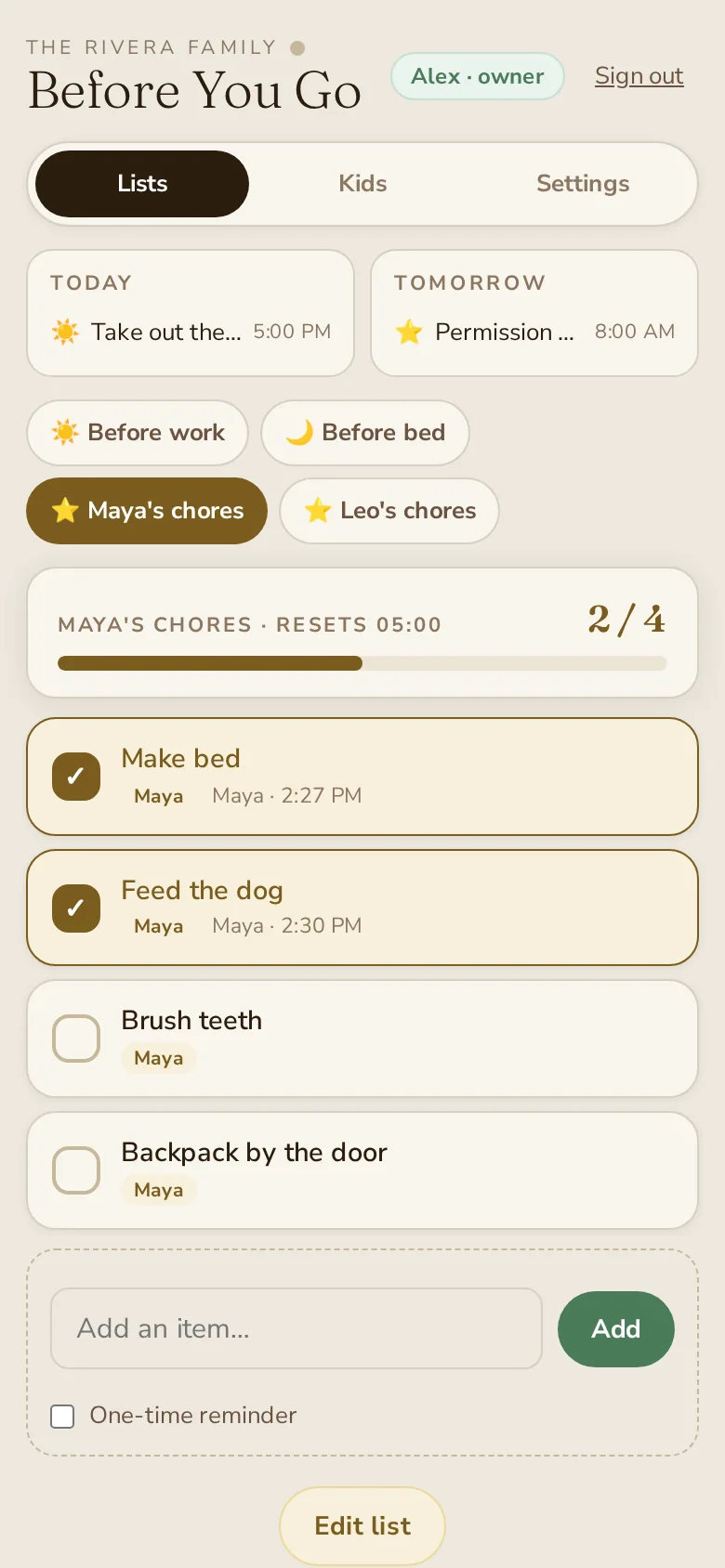 Parent view of Maya's chore list in Before You Go: Make bed and Feed the dog checked by Maya, Brush teeth and Backpack by the door still to do