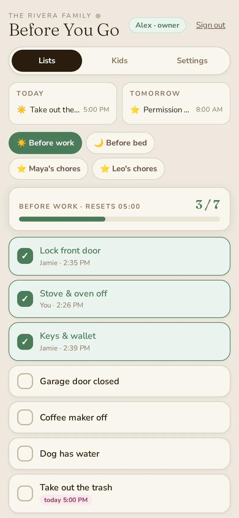 Before You Go app showing The Rivera Family's Before work list: Lock front door, Stove & oven off, and Keys & wallet checked by Jamie and Alex, with Garage door closed, Coffee maker off and Dog has water still to do